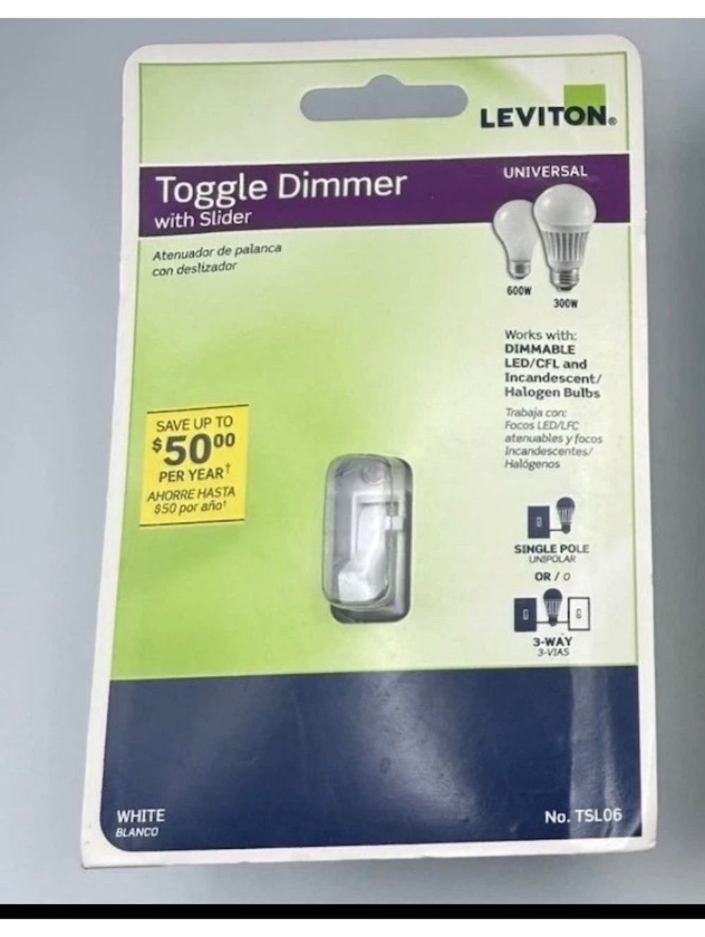 Leviton Universal Toggle Dimmer with Slider, White No. TSL06
